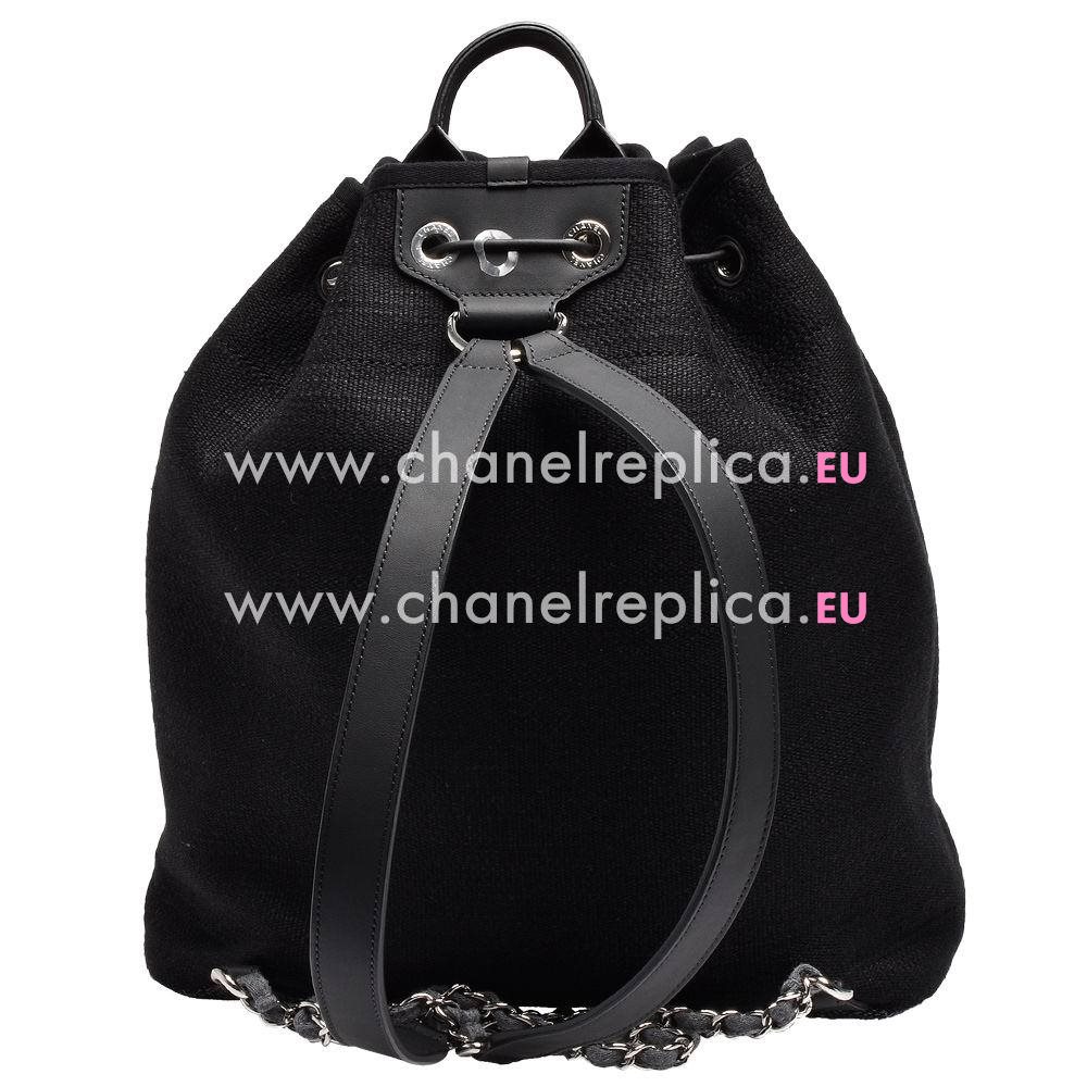 Chanel Deauville CC Logo Denim Canvas Silver Chain Backpack Black A585607