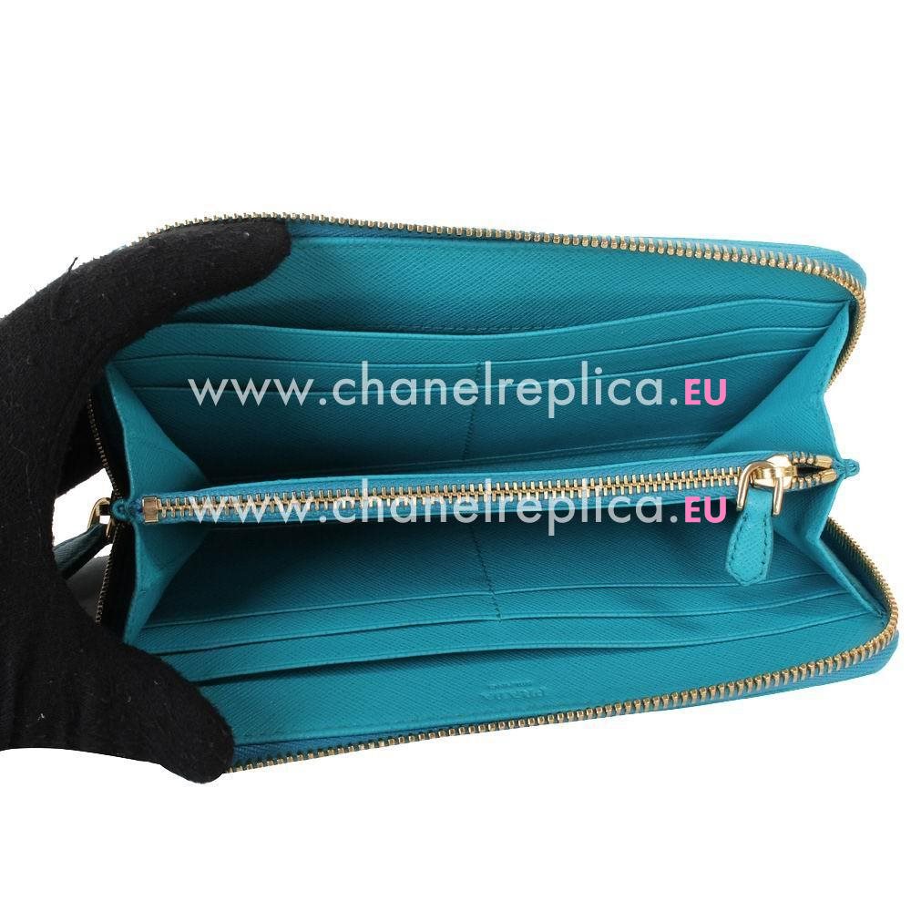Prada Saffiano Gold Embossment Logo Cowhide Zipper Wallet In Turkey Blue PR61018008