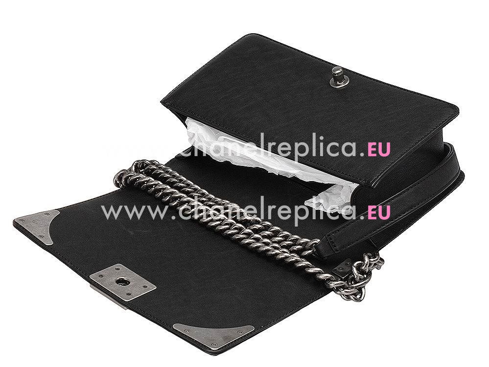 Chanel Boy Calfskin Chain Shoulder Bag Black Silver A525410