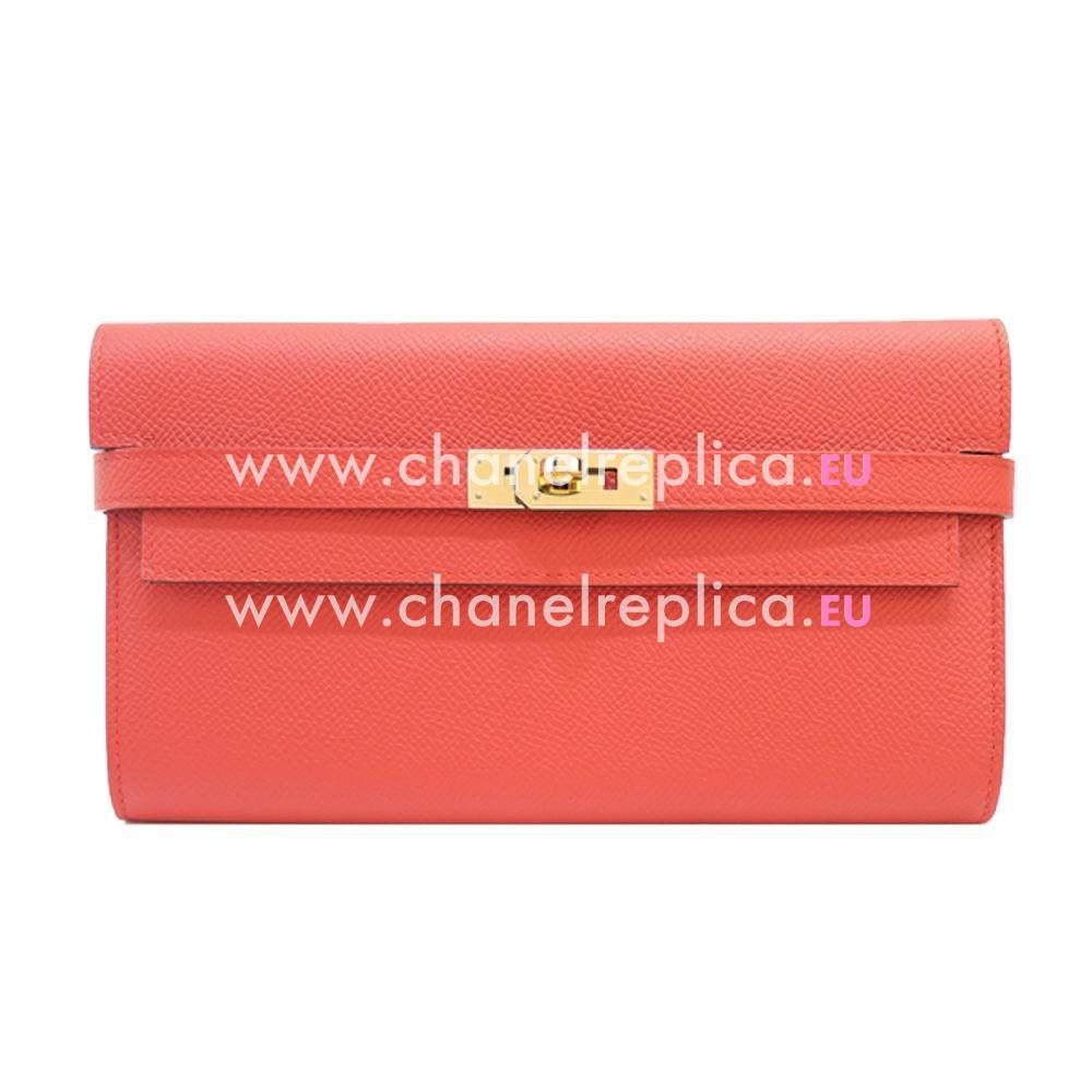 Hermes Kelly Epsom Calfskin Long Wallet Gold Hardware Tomato Red H7042107