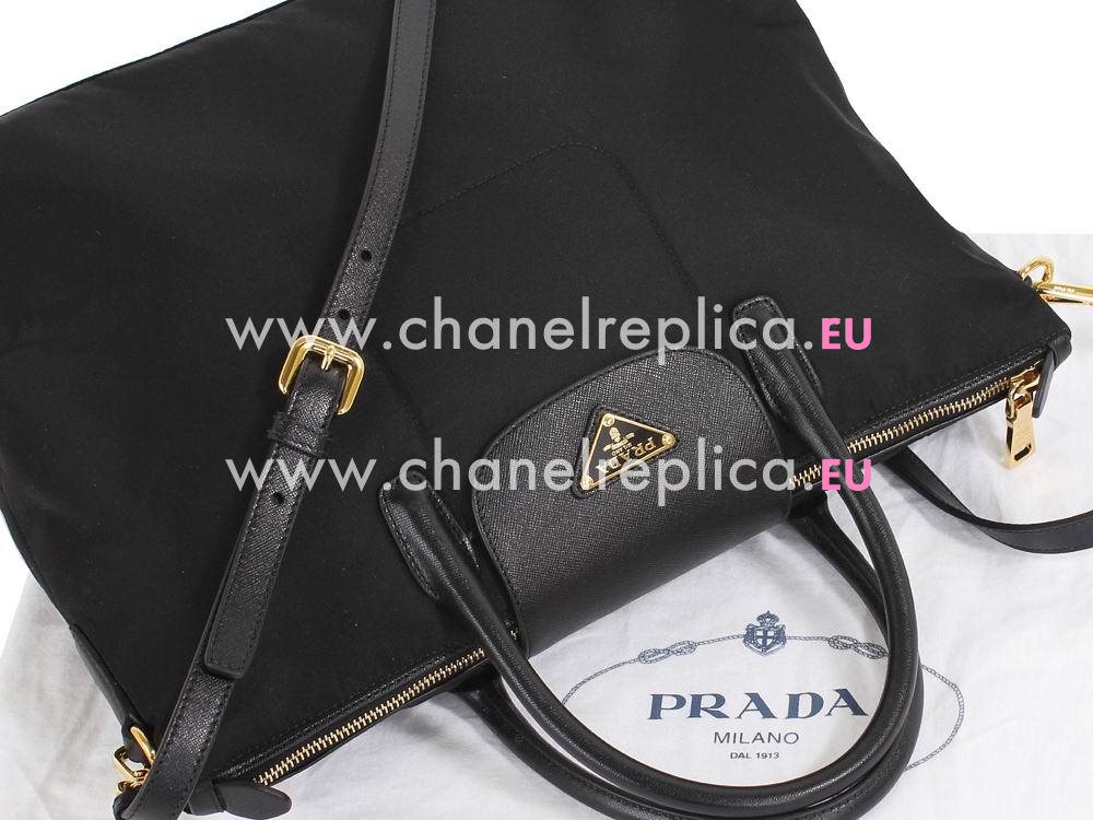 Prada Teaauto Saffian Classic Triangle Logo Nylon Handle/Shoulder Bag Black PBN46722