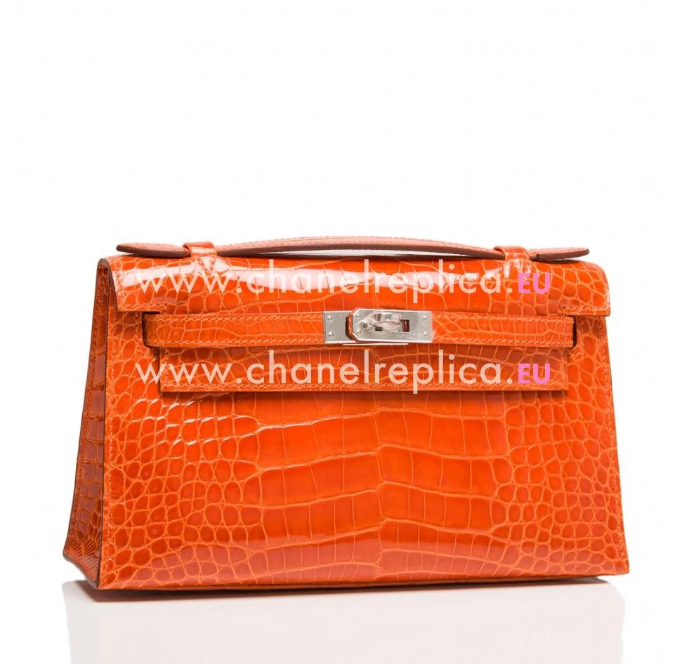 Hermes Orange H Shiny Alligator Mini Kelly Pochette clutch Palladium Hardware HK1022SAM