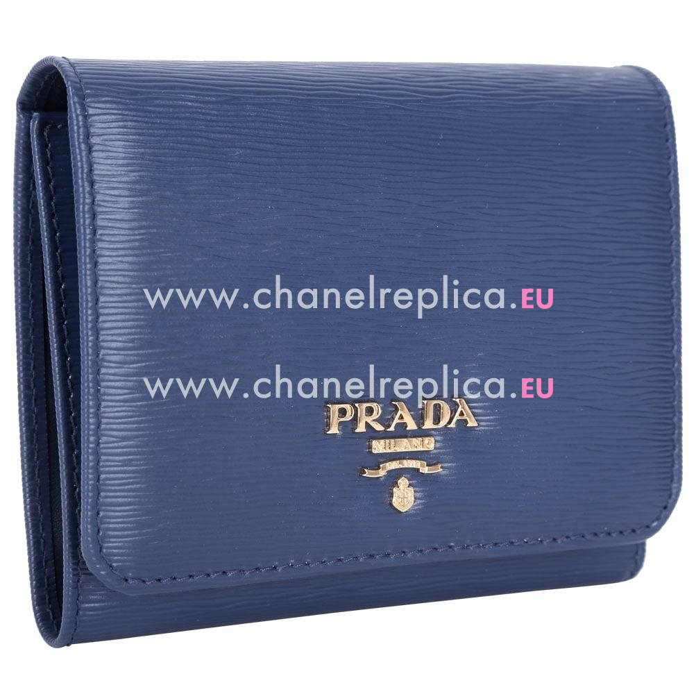Prada Saffiano Gold Embossment Logo Cowhide Short Wallet In Blue PR61018007