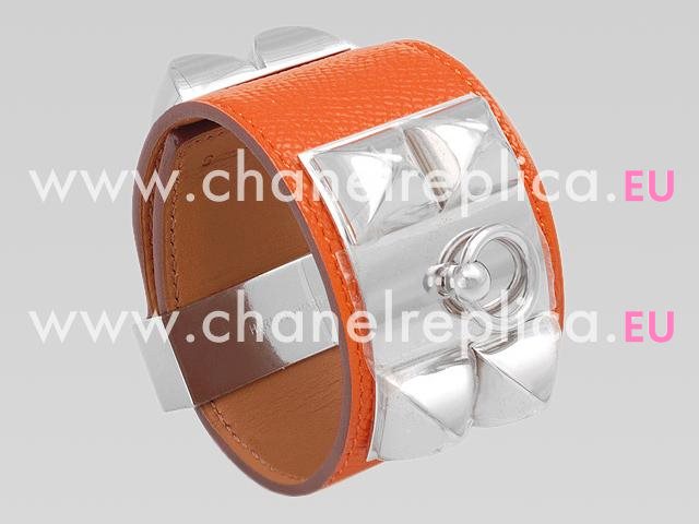 Hermes Goat Skin Collier De Chien Rivets of Metal Bracelet Orange&Silver HE56969