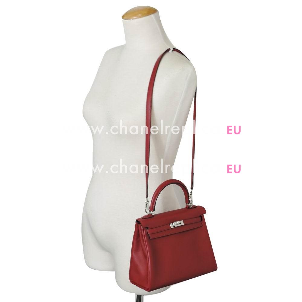 Hermes Kelly 25cm Silvery Button Swift Leather Hand/Shoulder bag Deep Red H7042009
