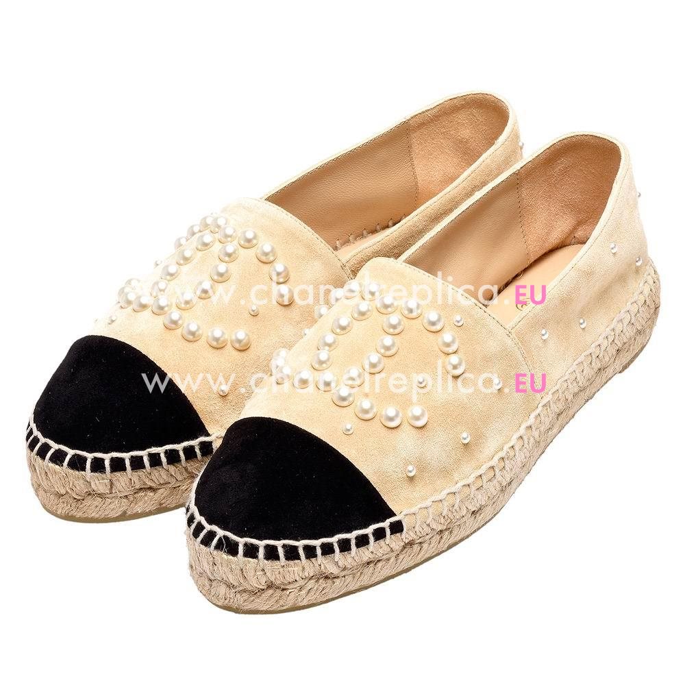Chanel Espadrilles Pearl CC Chamois Leather Pencil Shoes (Beige/Black) AG603421