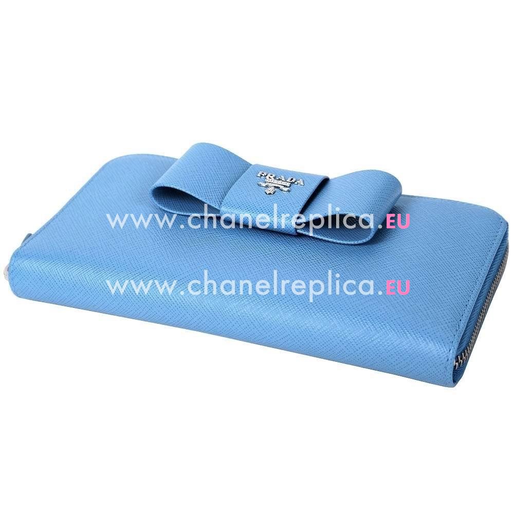 Prada Saffiano Fiocco Embossment Logo Cowhide Zipper Wallet In Water Blue PR61017016