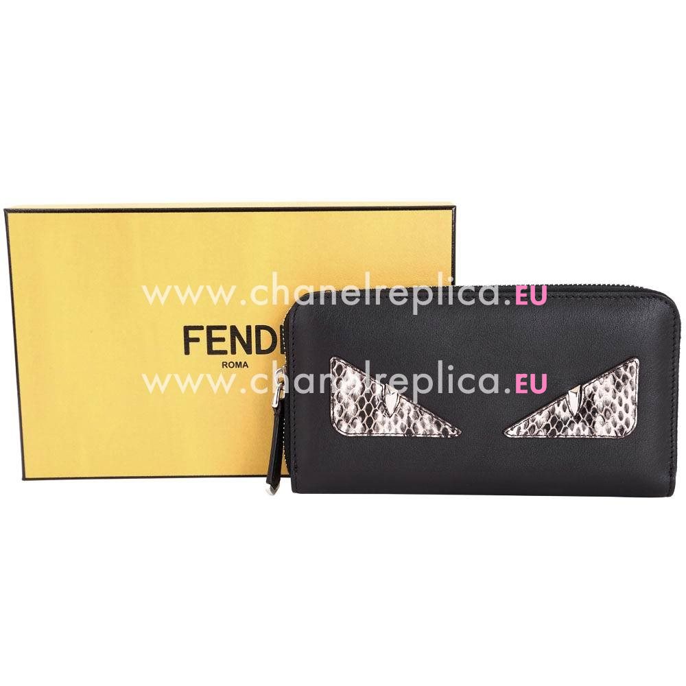 FENDI Crayons Snake Monster Eye Calfskin Zipper Wallets Black F7041315