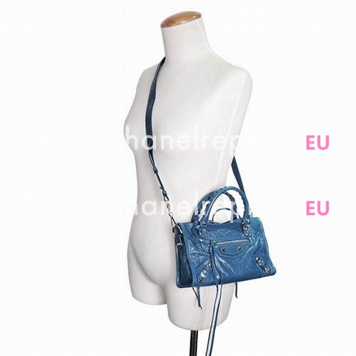 Balenciaga Mini City Silvery Button Sheepskin Bag Sky Blue B7050713