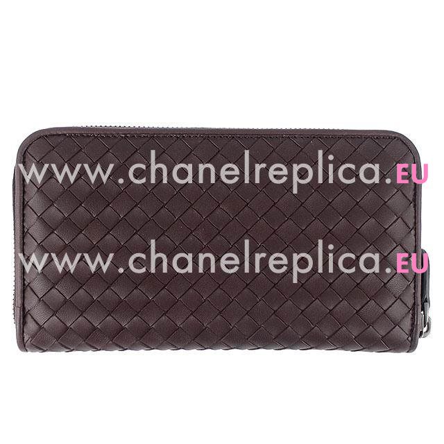 Bottega Veneta Classic Weave Zipper Nappa Wallet In Deep Coffee B6110725
