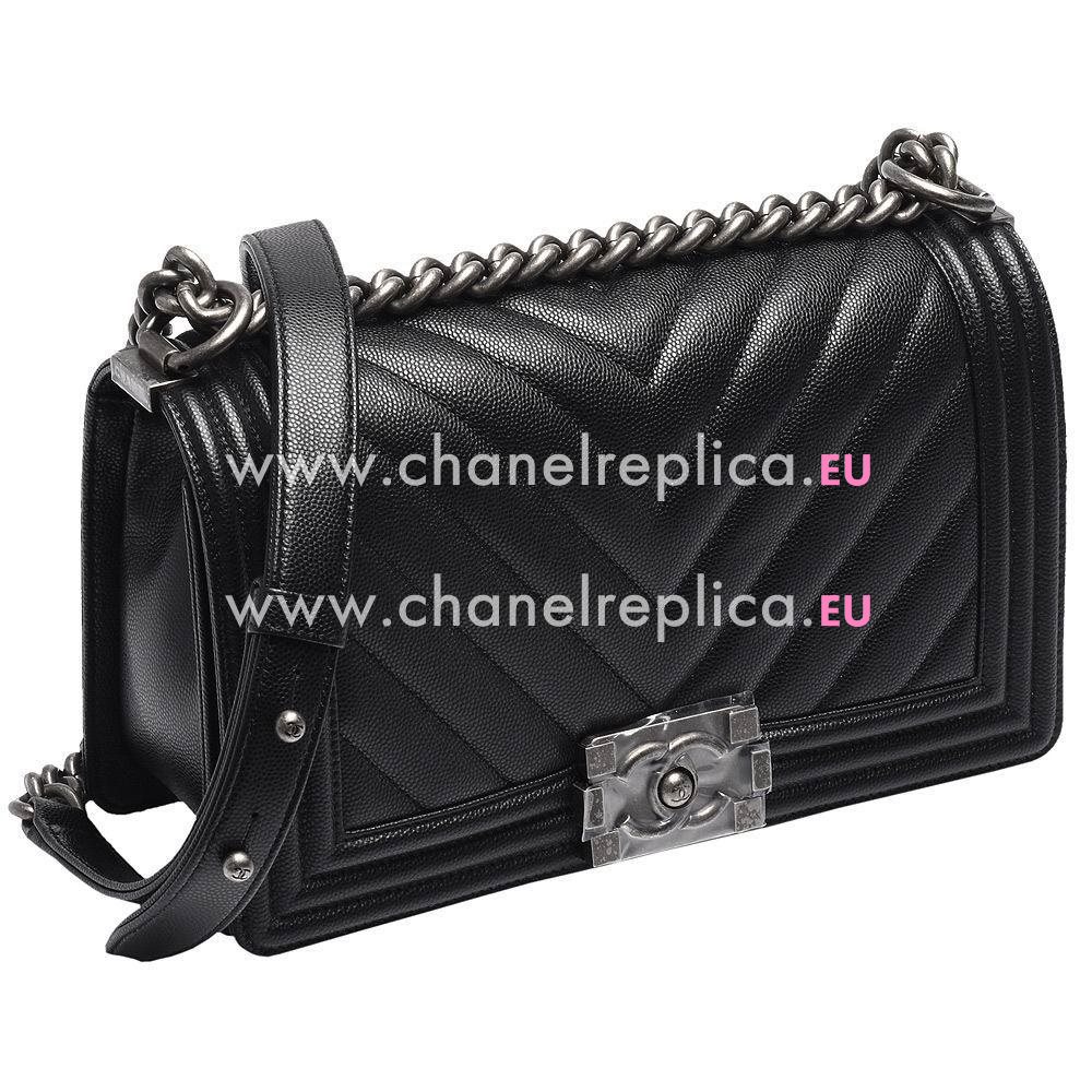 CHANEL V Line Print Silvery Hardware Caviar Calfskin Bag in Black C7091401