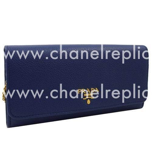 Prada Saffiano Gold Embossment Logo Caviar Cowhide Wallet In Blue PR61017045