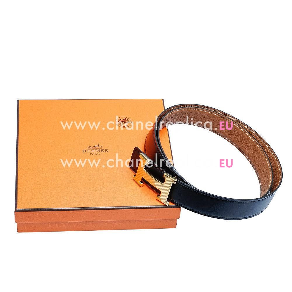 Hermes Gold H Buckle Gold-Black Swift-Togo Leather Two-sided Belt H55N49