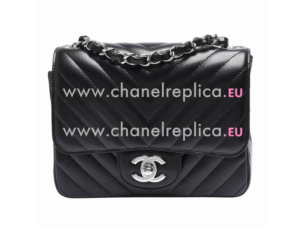 Chanel Caviar Chevron Mini Coco Silver Chain Black A35200BS