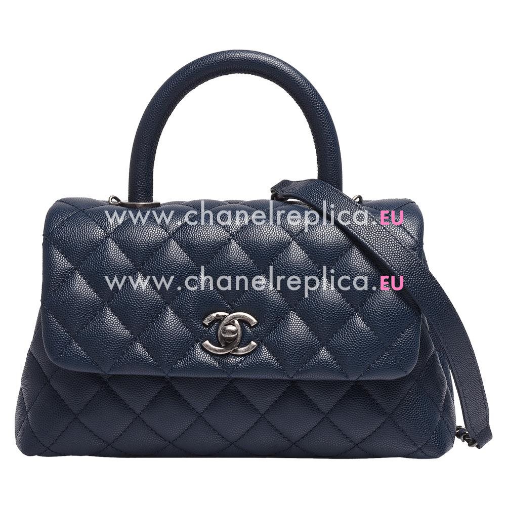 Chanel Coco Handle Caviar Anti-silver Chain Trapezoid Bag Navy Blue A2119F5