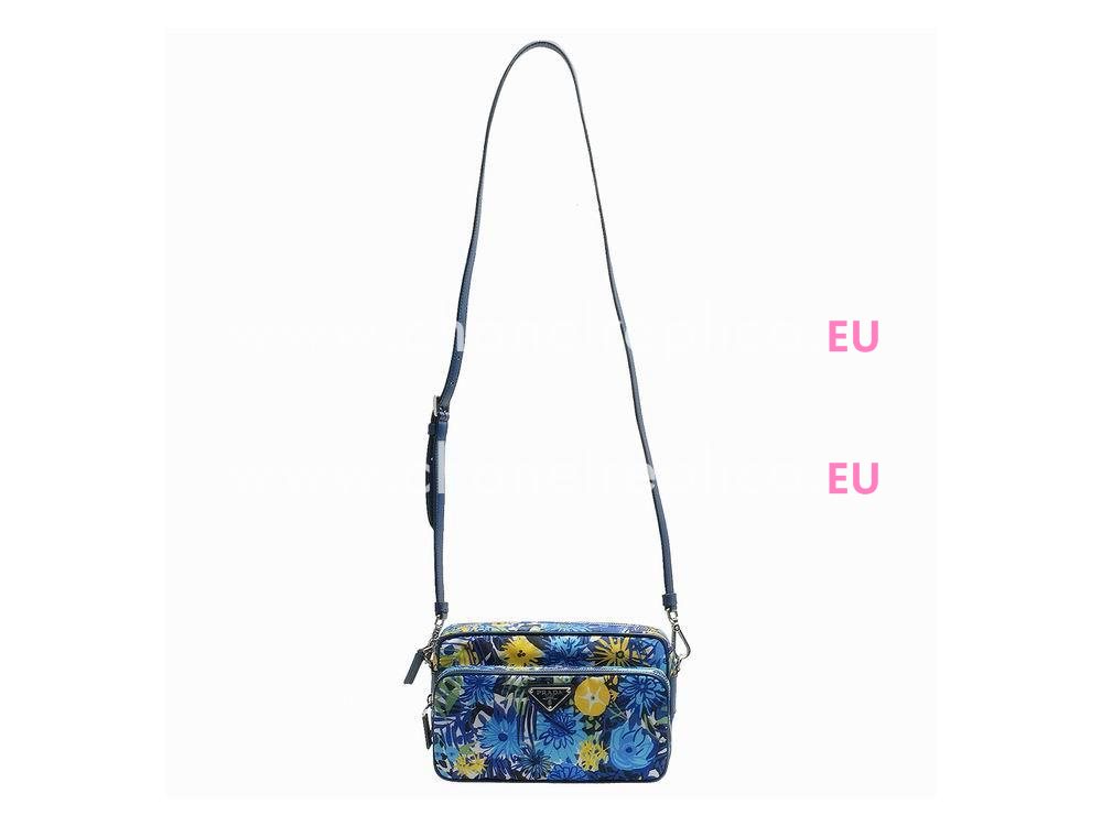 Prada Tessuto Stampat Triangle Logo Flower Calfskin Shoulder Bag RoyalBlue PR1BN58137