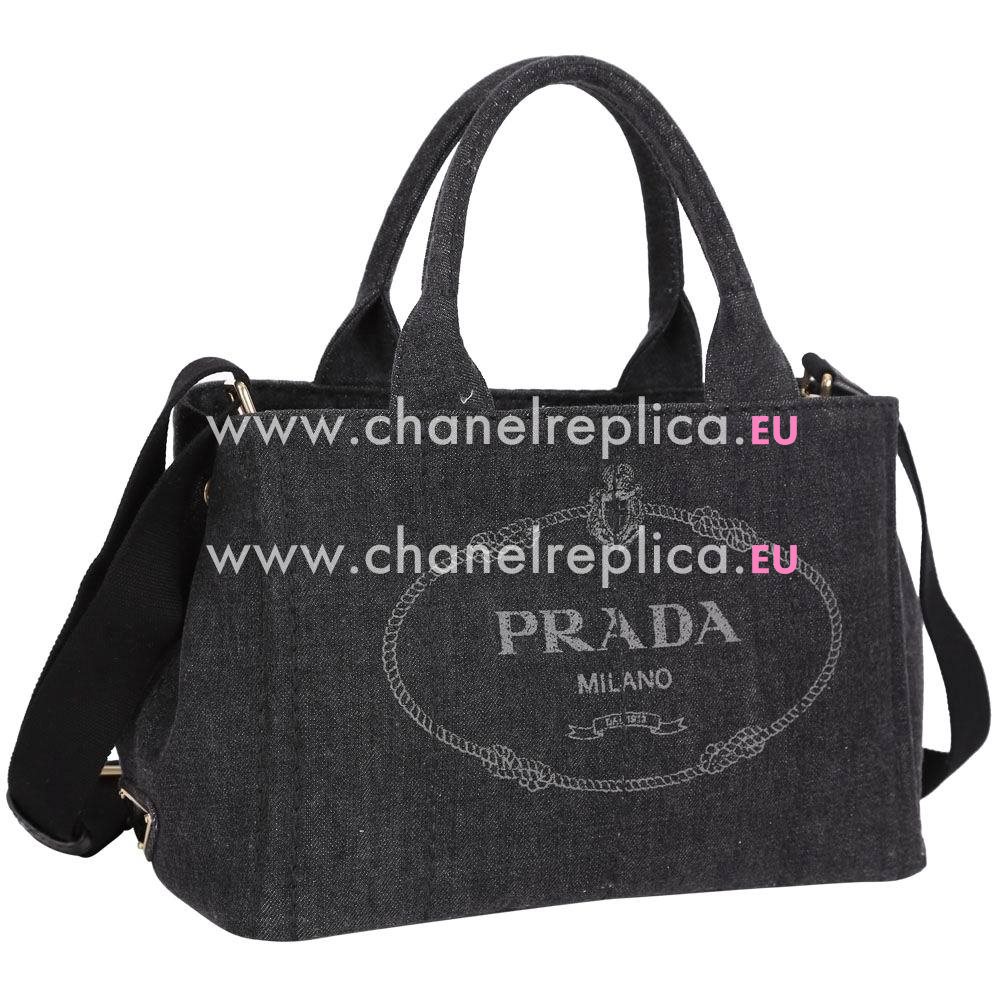 Prada Canapa Stampata Printing Logo Denim Canvas Small Size Bag Gray Black PR7054131