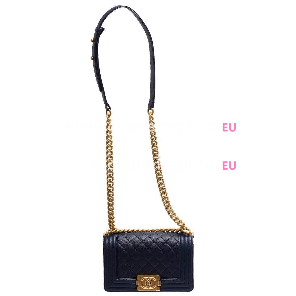 Chanel Caviar Antique-Gold Chain Boy Mini Bag Navy Blue A709C32