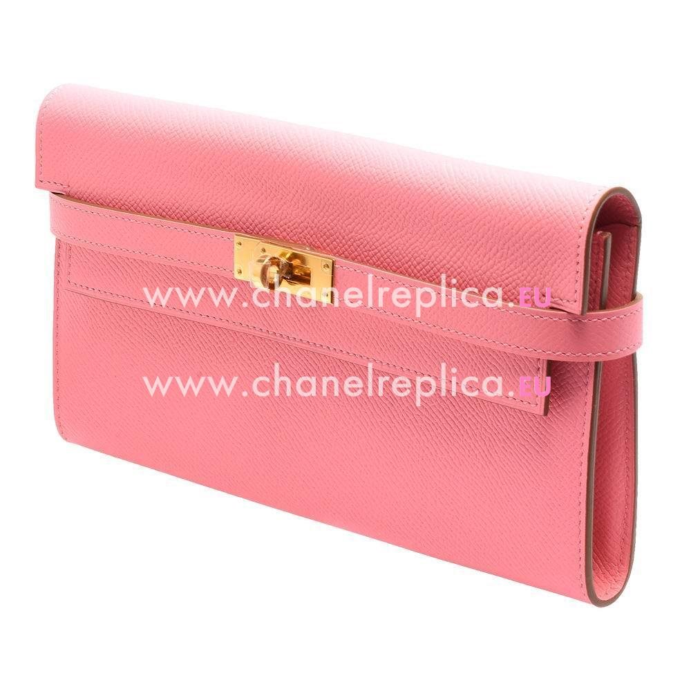 Hermes Kelly Epsom Calfskin Long Wallet Gold Hardware Pink H7042115