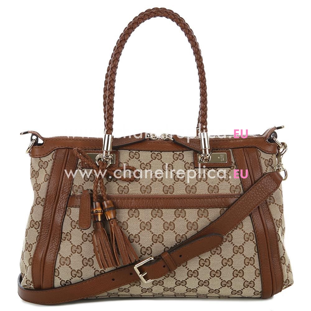 Gucci Bella GG Logo Fabric Weave Handle Coffee Leather Handbag 282300FWCGG-8526