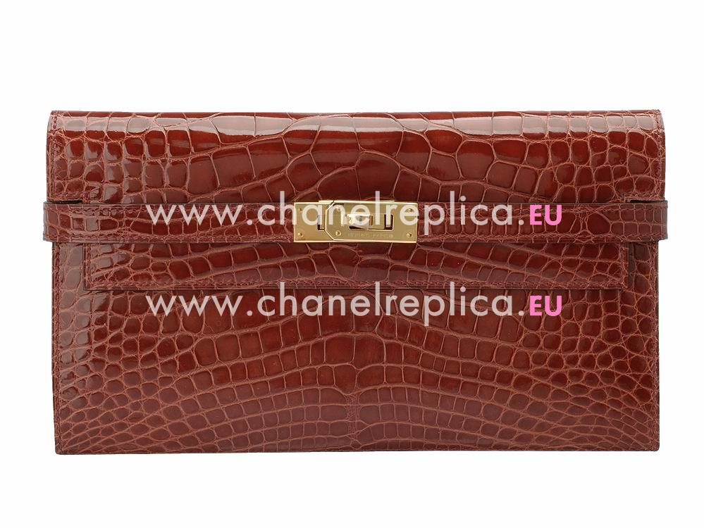 Hermes Crocodile Kelly Long Wallet Brick Red H49399