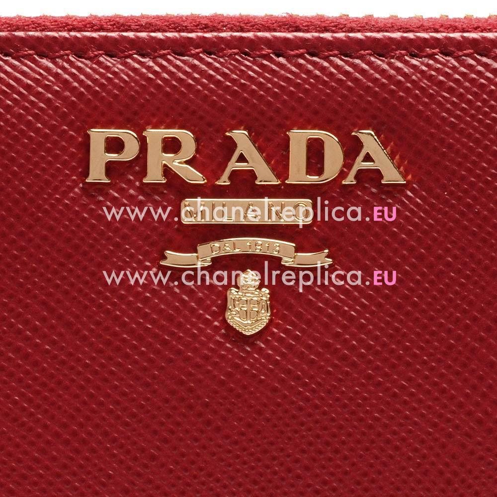 Prada Saffiano Fiocco Embossment Logo Cowhide Zipper Wallet In Red PR31017018