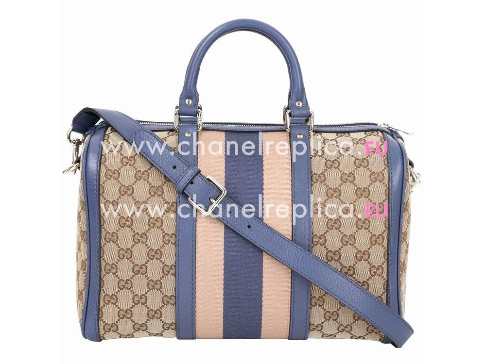 Gucci Vintage Web Blue Calfskin With GG Fabric Boston Bag G63835