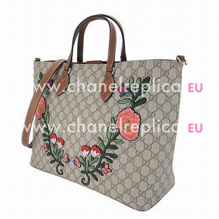 Gucci Embroidery Flowers and Plants Calfskin Tote Bag In Khaki Brown G6122206