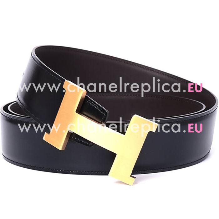 Hermes Gold H Black and Coffee Box Leather Two-sided Belt H56N9B