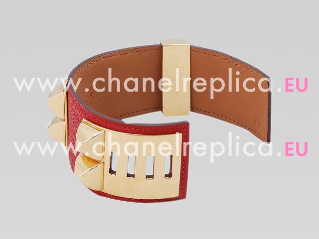 Hermes Goat Skin Collier De Chien Rivets of Metal Bracelet Red&Gold HE56984