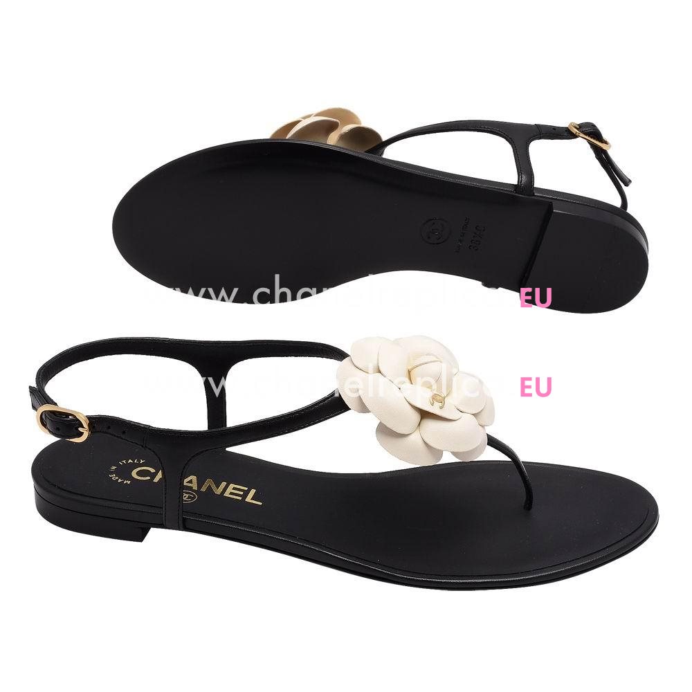 Chanel Classic Cream-colored Camellia Calfskin Sandals Black C7030103