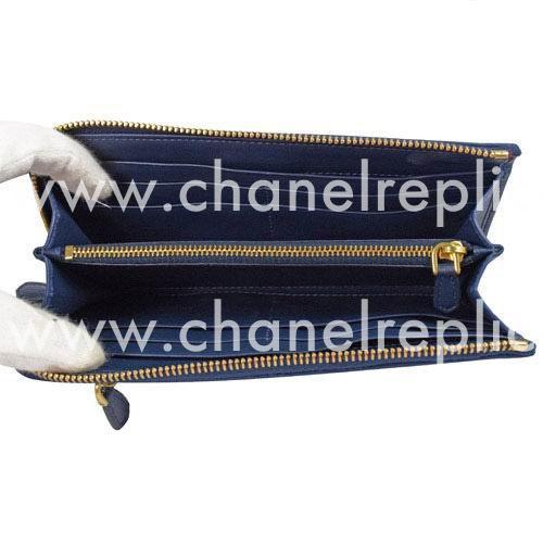 Prada Saffiano Gold Embossment Logo Cowhide Zipper Wallet In Deep Blue PR61017046