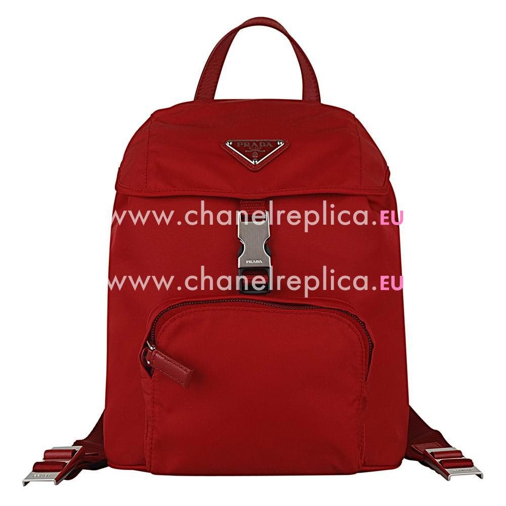 Prada Double Silvery Buckle Triangle Logo Nylon Backpack Red PR70547122