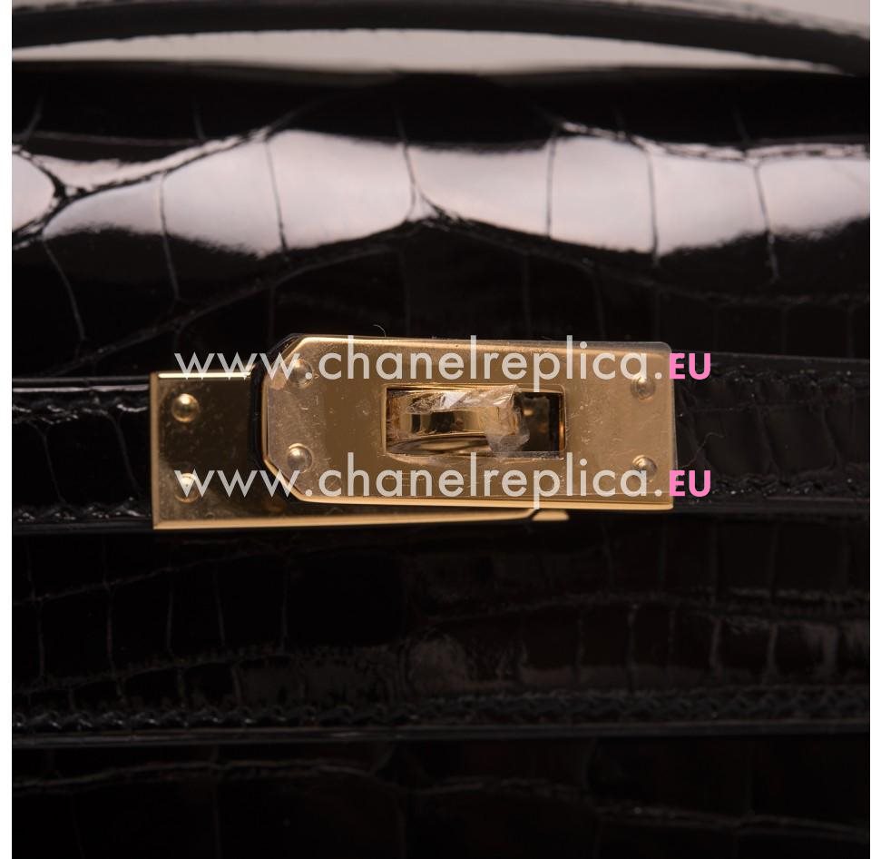 Hermes Black Mini Kelly Pochette Clutch Shiny Alligator Gold Hardware HK1022AMP