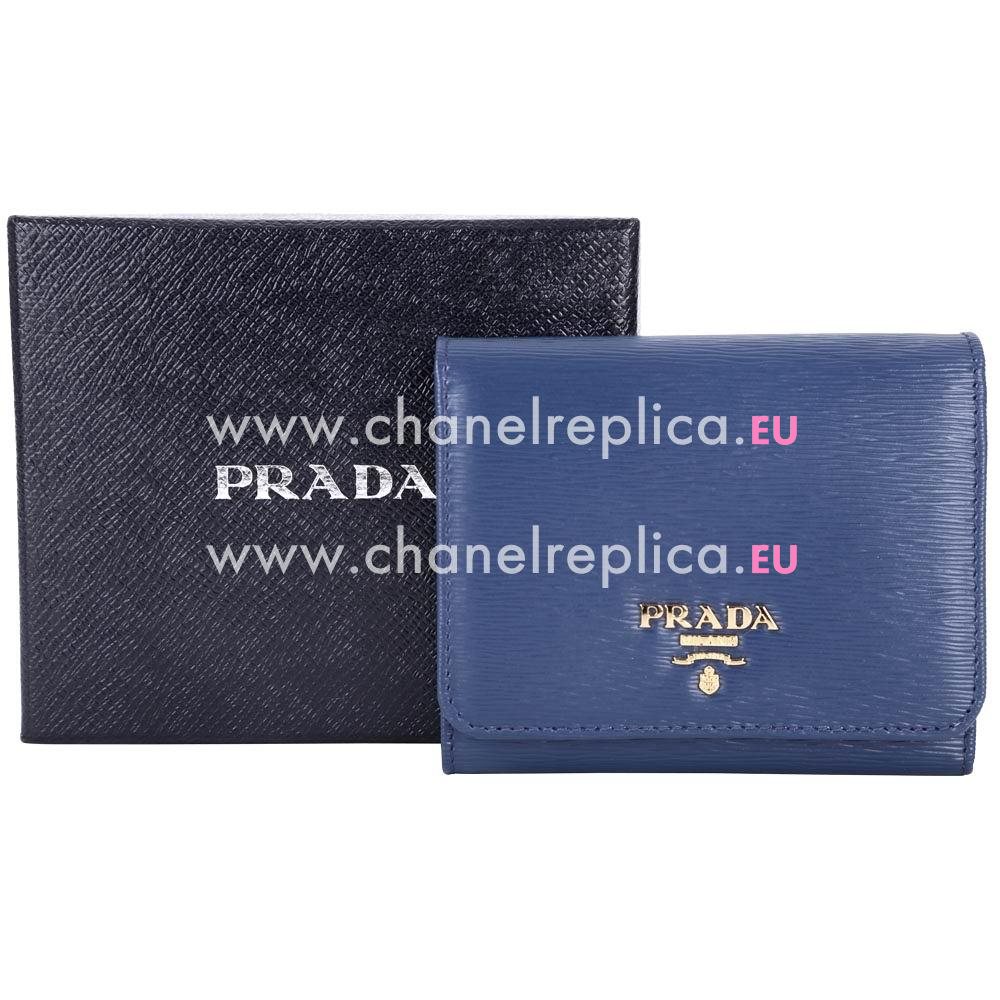 Prada Saffiano Gold Embossment Logo Cowhide Short Wallet In Blue PR61018007
