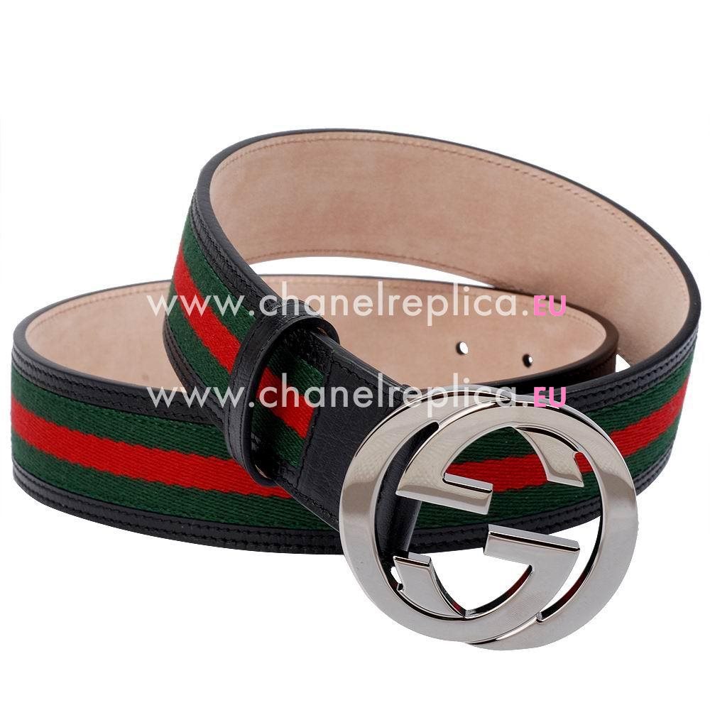 Gucci Cowhide Green/Red Fabric Silver Buckle Belt G4556894