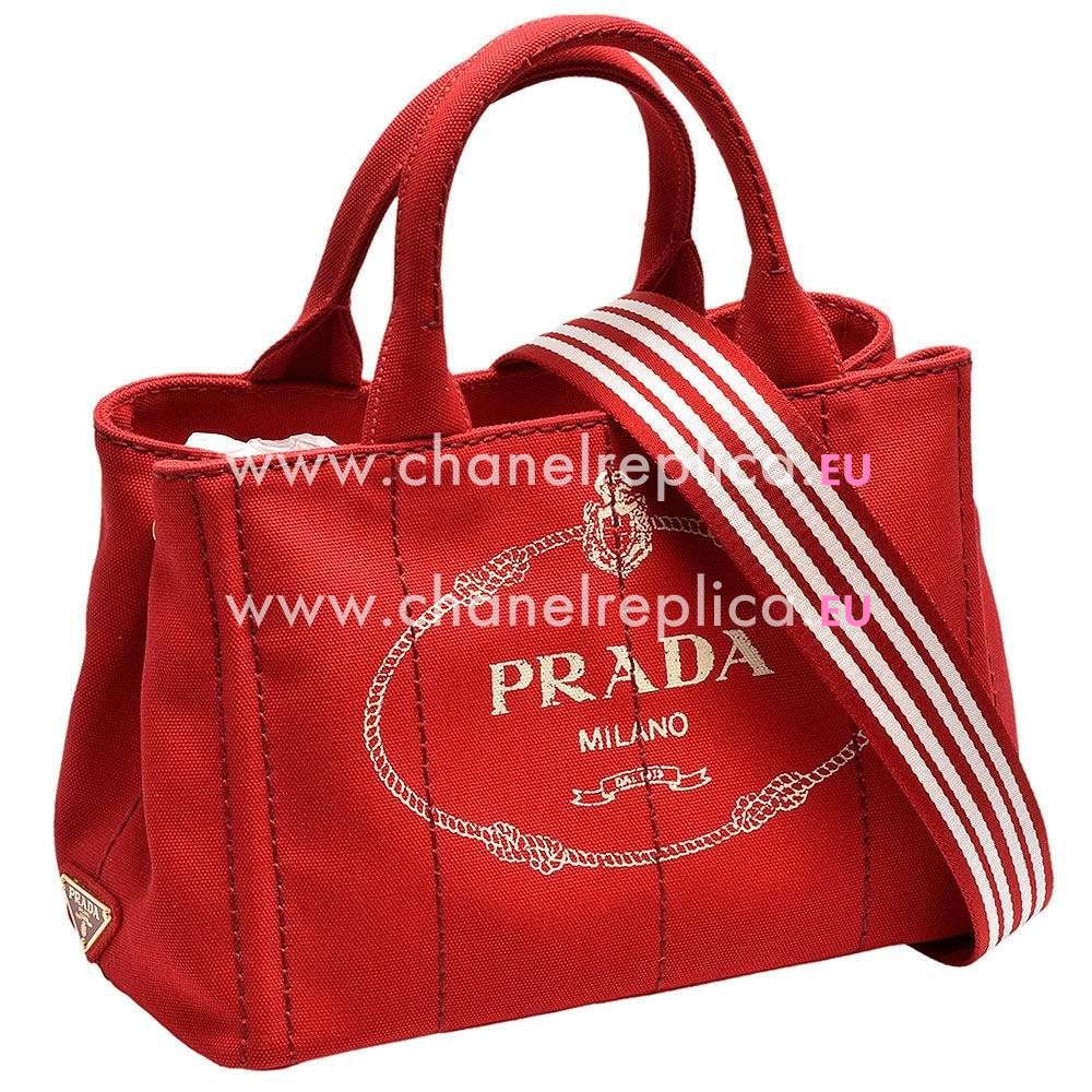 Prada Canapa Gold Logo Denim Should/Handbag Red PR410098