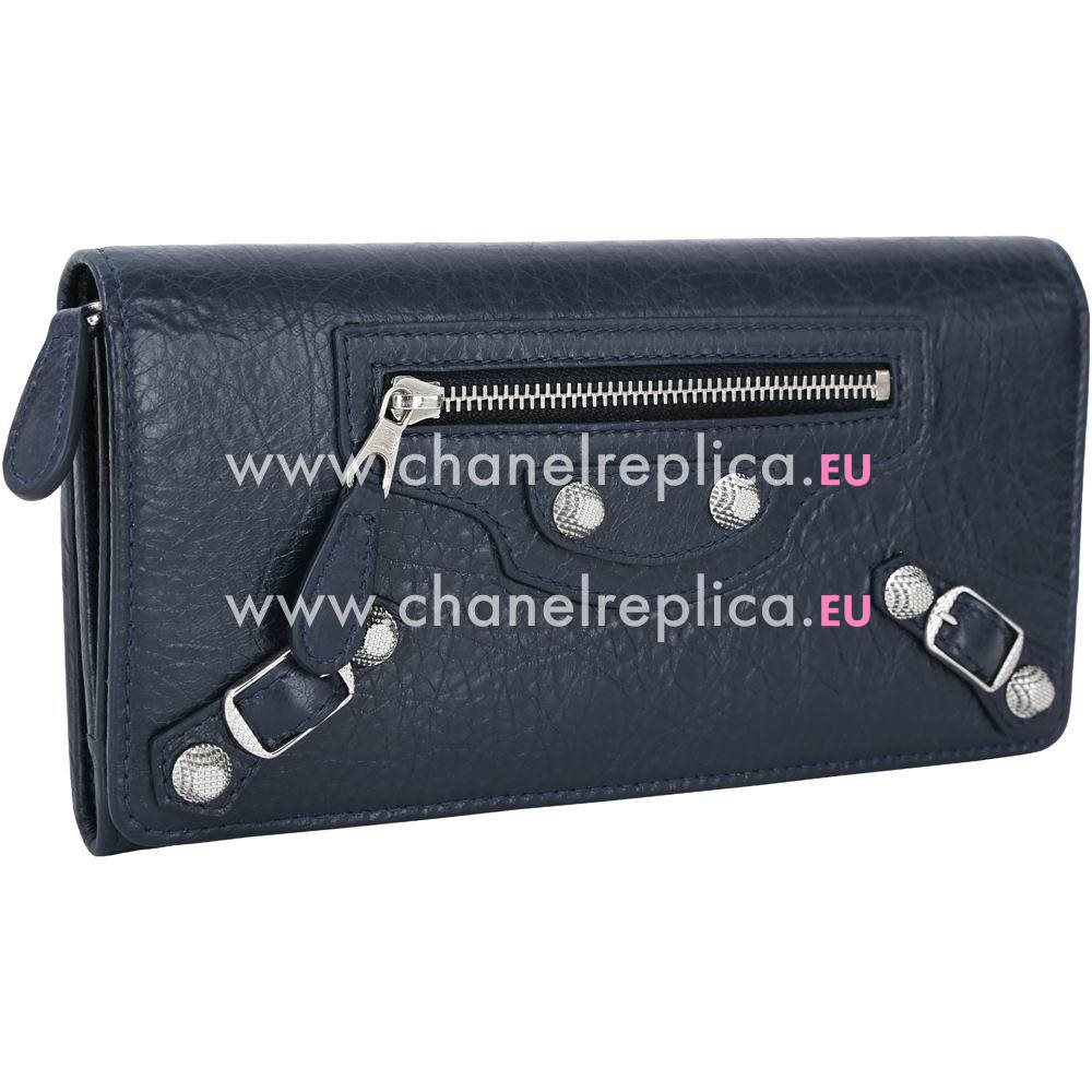 Balenciaga Giant Money Lambskin Silvery Hardware Wallets Deep Blue B2055119