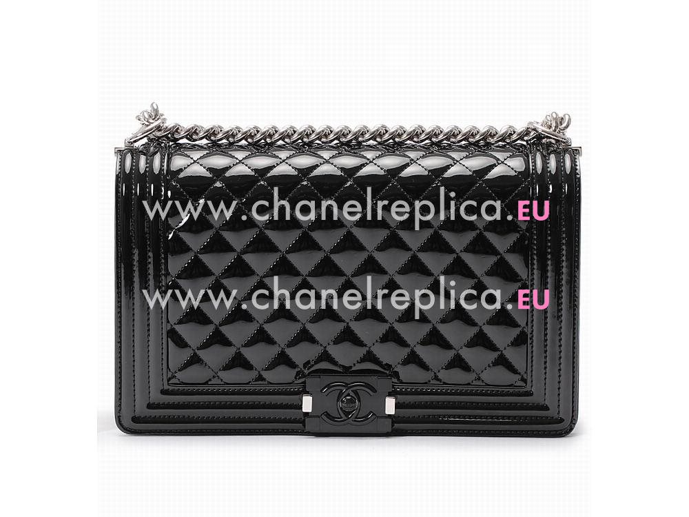 Chanel Patent Lambskin Silver Chain 28cm Boy Bag Black A92693