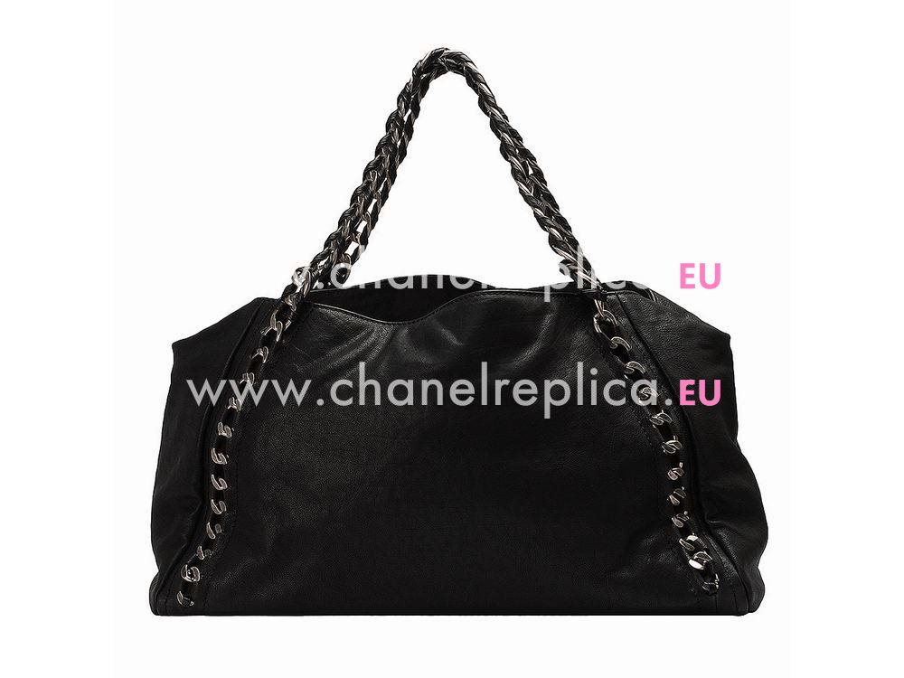 Chanel CC Logo Cowhide Shop Tote Bag Black(Silver) A53187