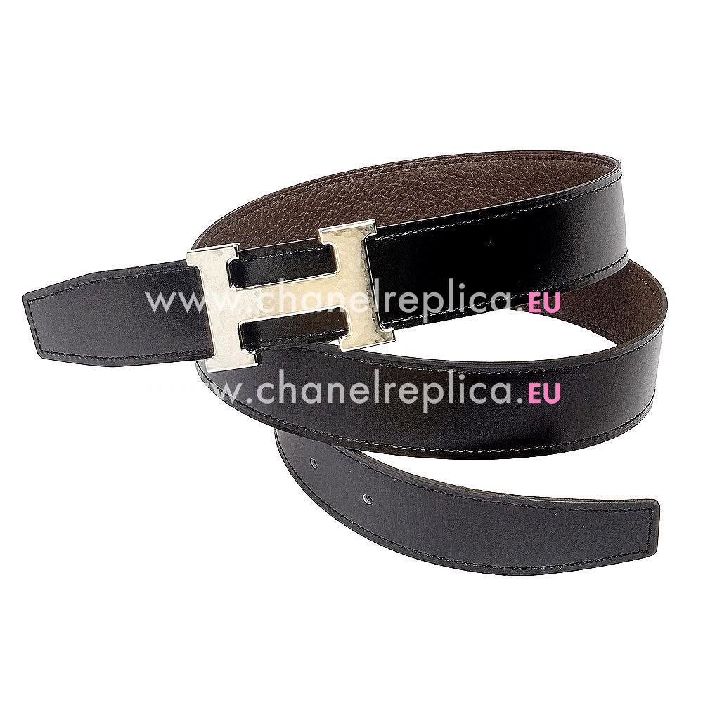 Hermes Silver H Buckle Choclate Black Calfskin Two-sided Belt H56N66