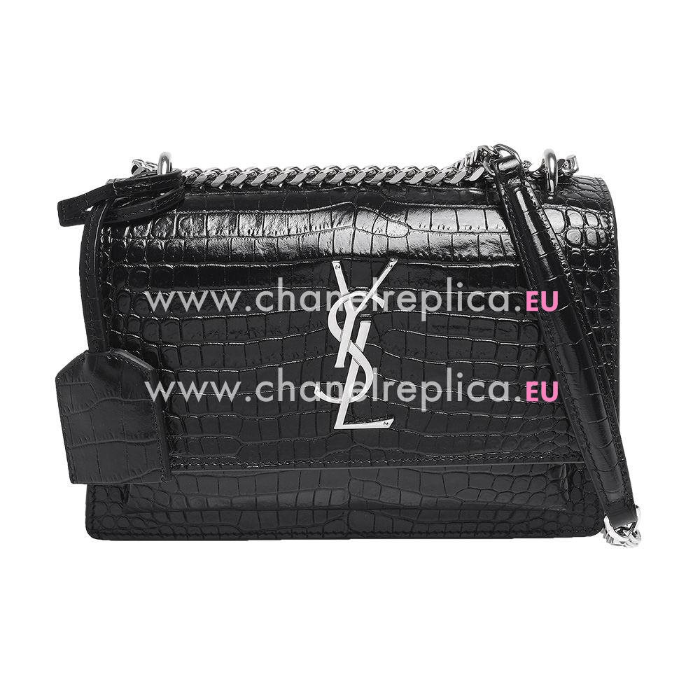 Yves Saint Laurent Silver Logo Crocodile Shoulder Bag Black YV947153