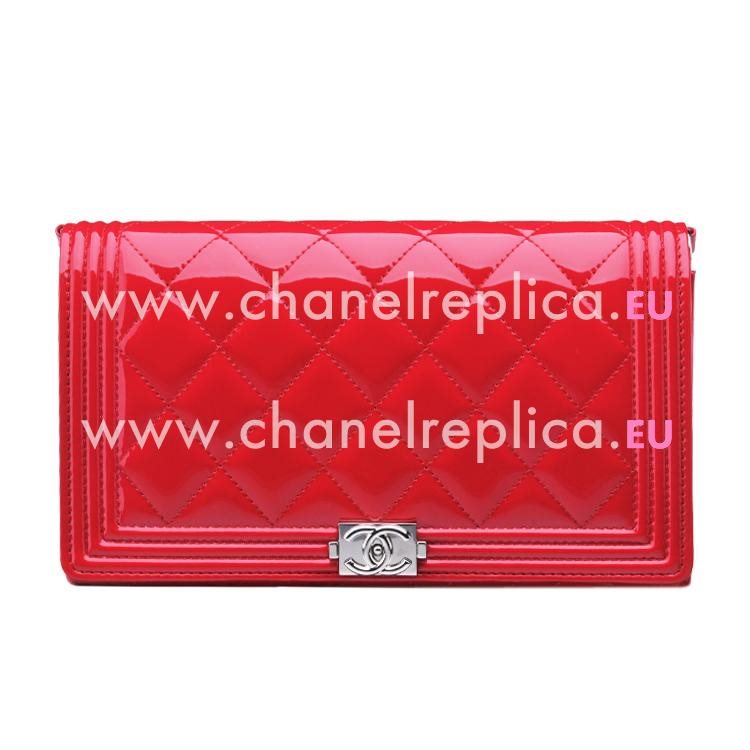 Chanel Cherry Red Patent Leather Silver Hardware Boy Wallet With Shoulder Bag A80382V-CHERRY