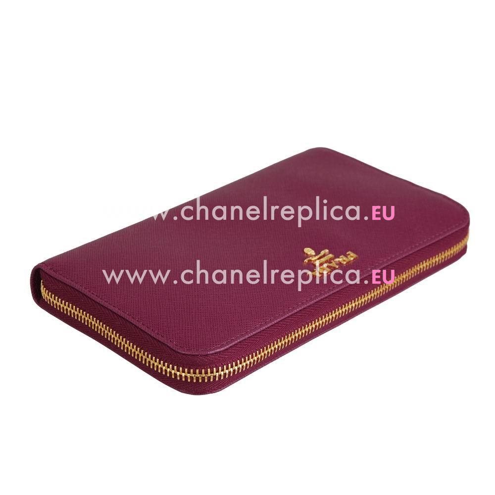 Prada Saffiano Classic Gold Embossment Logo Cowhide Zipper Wallet In Purple PR61018013