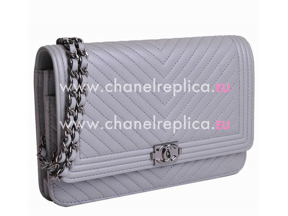 Chanel Lambskin Chevron Woc Bag Silver Chain Gray A59588