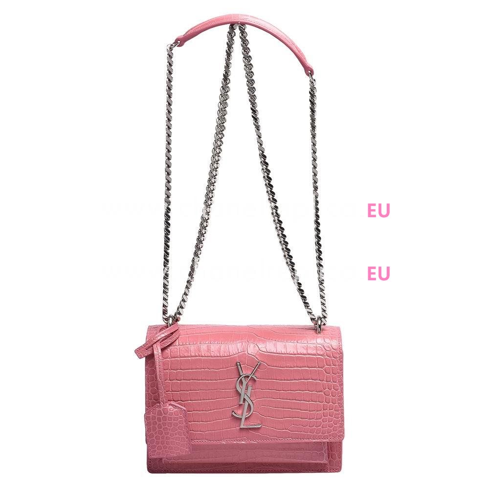 Yves Saint Laurent Silver Logo Crocodile Shoulder Bag Pink YV947158