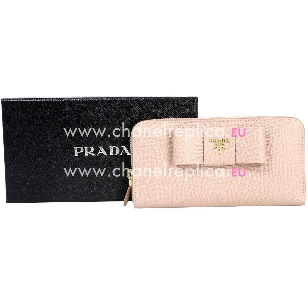 Prada Saffiano Fiocco Embossment Logo Cowhide Zipper Wallet In Skin Color PR61017014