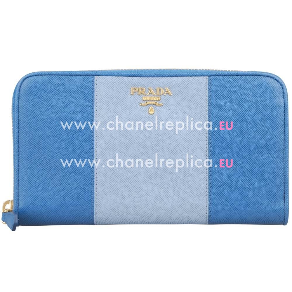 Prada Saffiano Gold Embossment Logo Cowhide Zipper Wallet In Blue PR61018009