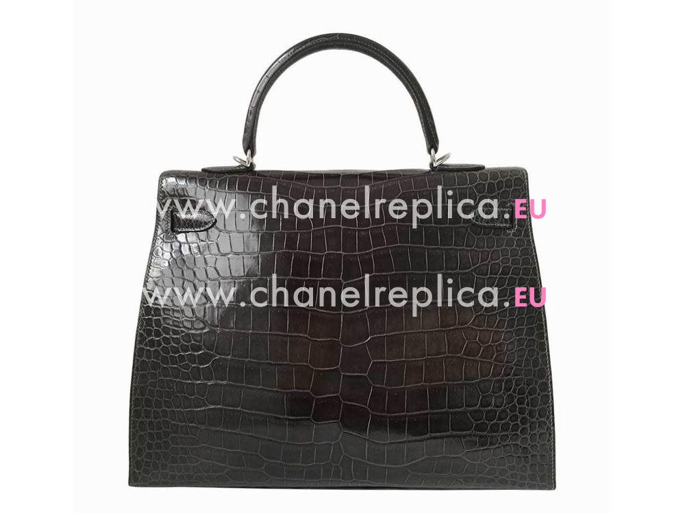 Hermes Kelly 35 Graphite Shiny Porosus Crocodile Palladium Hand Sew Handbag HK1035SEP