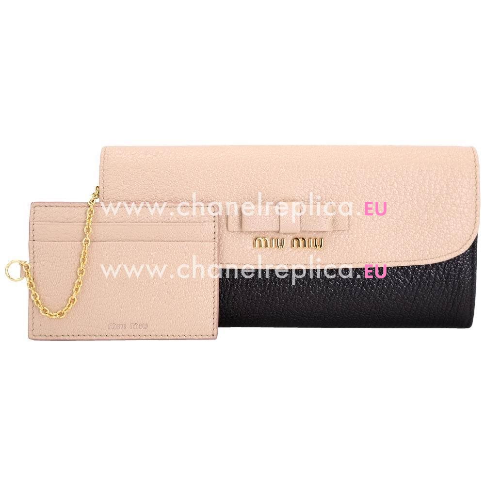 Miu Miu Madras Bowknot Nappa Zipper Wallet In Black/Compliexion M7042604